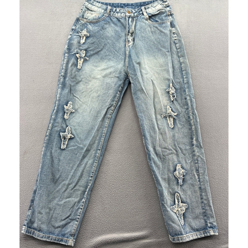 Aelfric Eden Jeans Womens 34 Distressed Cross Patch Light Baggy Streetwear